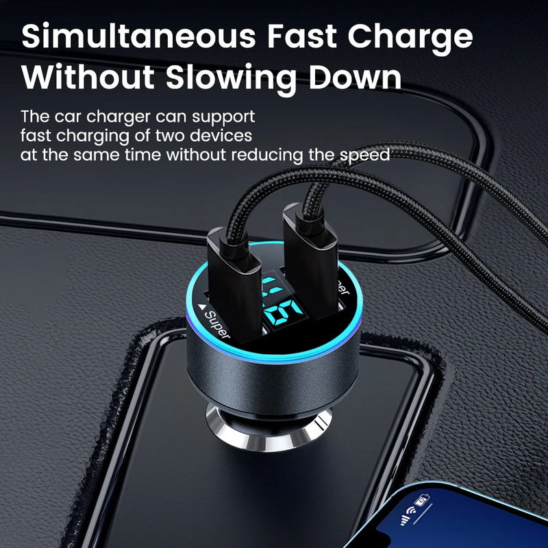 200W Car Charger Dual USB Ports Super Fast Charging with Digital Display Quick Charging Adapter For IPhone Samsung Xiaomi Huawei