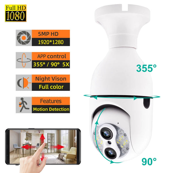 HD 1080P Mini Camera 360° Auto Tracking Panoramic Wifi Camera E27 Light Bulb Wireless PTZ Cam Security Surveillance Camcorder