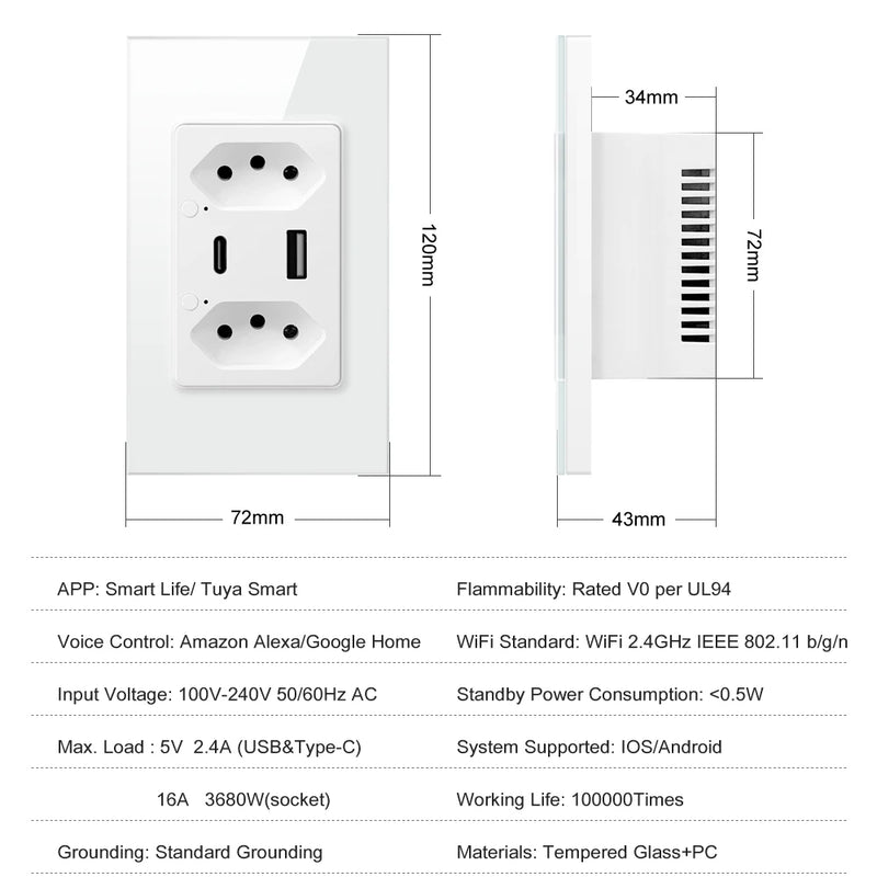 AVATTO Tuya WiFi/Zigbee Smart Brazilian Wall Socket,16A USB Type C Individual Control Outlets，Plug Work for Google Home/Alexa