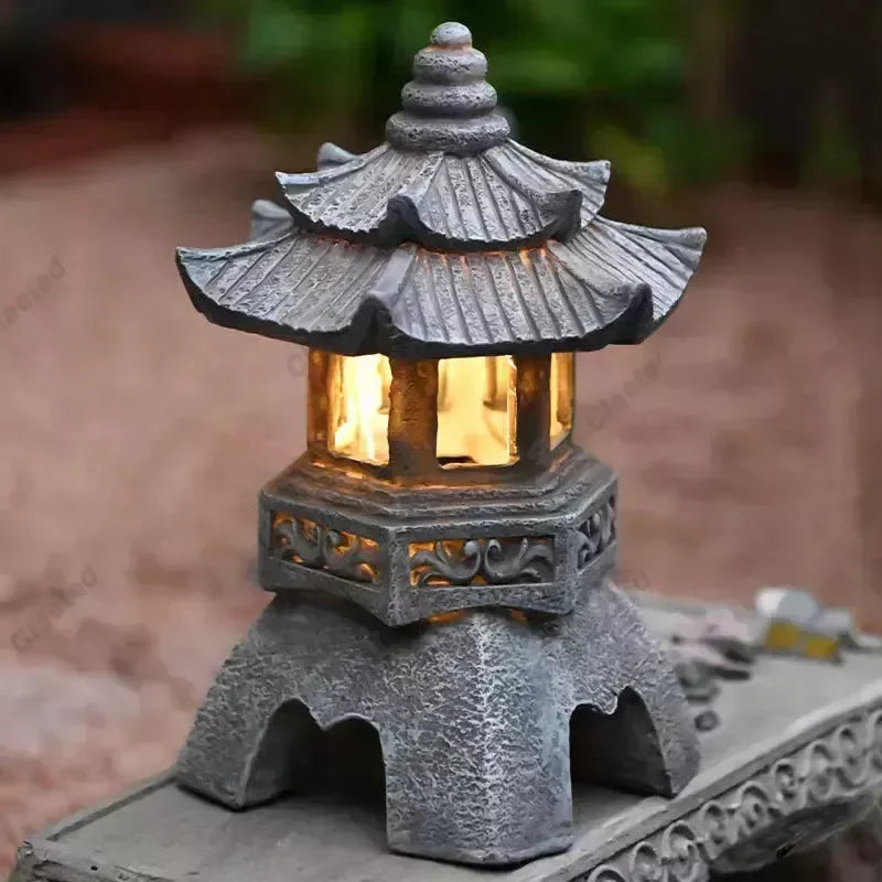 Pagoda Statues Outdoor Solar Powered Statue Japanese Garden Decor Outdoor Zen Garden Lantern Flickering LED Garden Light