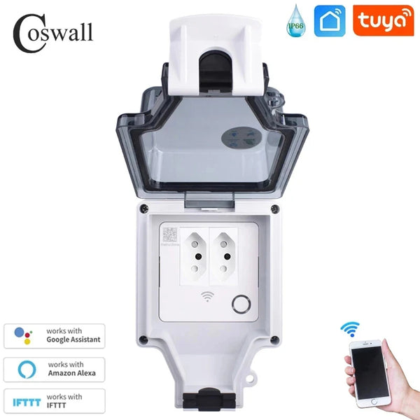 Coswall Tuya Wifi Voice Control IP66 Waterproof 15A Brazil Brasil Socket Timer Switch Programmable Work With Alexa Google Home