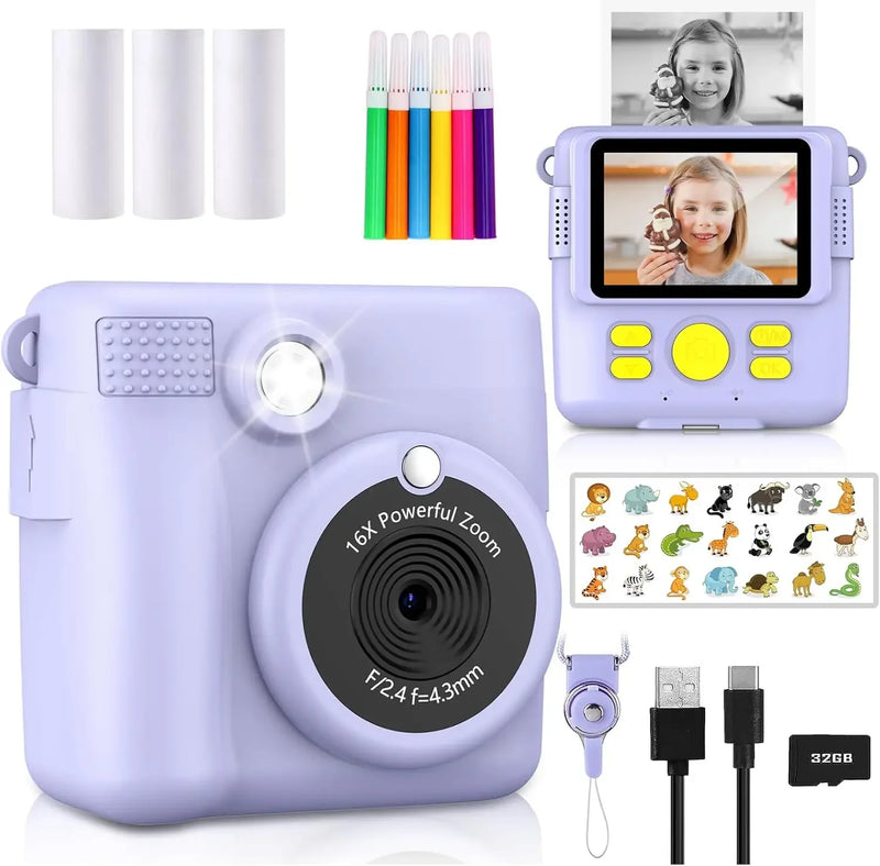 Instant Print Camera for Kids,1080P HD Digital Video Cameras for Toddler，Christmas Birthday Gifts for Age 3-12 Girls Boys，