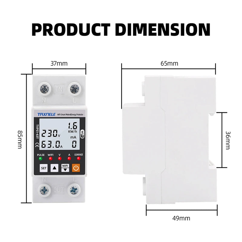 63A TUYA  WiFi Smart Earth Leakage Over Under Voltage Protector Relay Device Switch Breaker Energy Power kWh Meter Smart Life