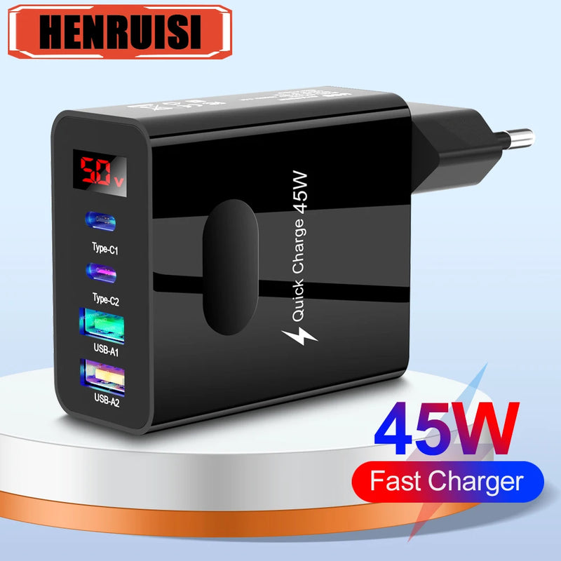 45W Digital Display Charger 4 Ports Fast Charging QC3.0 For iPhone Pro Max Samsung Xiaomi Huawei EU/US/UK Plug Travel Charger