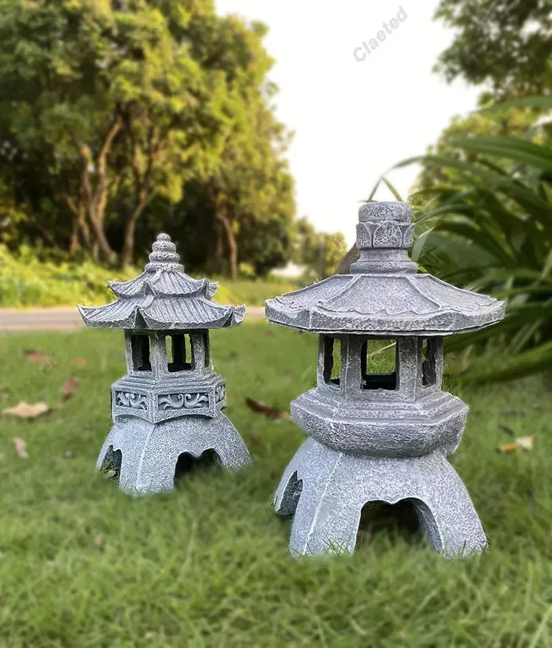 Pagoda Statues Outdoor Solar Powered Statue Japanese Garden Decor Outdoor Zen Garden Lantern Flickering LED Garden Light