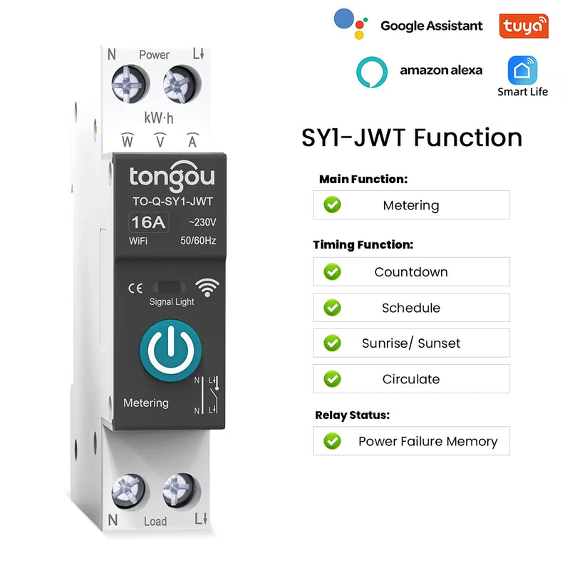 TUYA WIFI Smart Circuit Breaker With Metering 1P 50A 63A DIN Rail for Smart Home  wireless Remote Control Switch by APP TONGOU