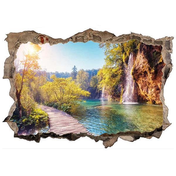 Waterfall, View Mural, 3D Broken Wall Art, Vinyl Stickers, Home Decorations, Mountain, Water, Trees, Landscape Poster Wallpaper