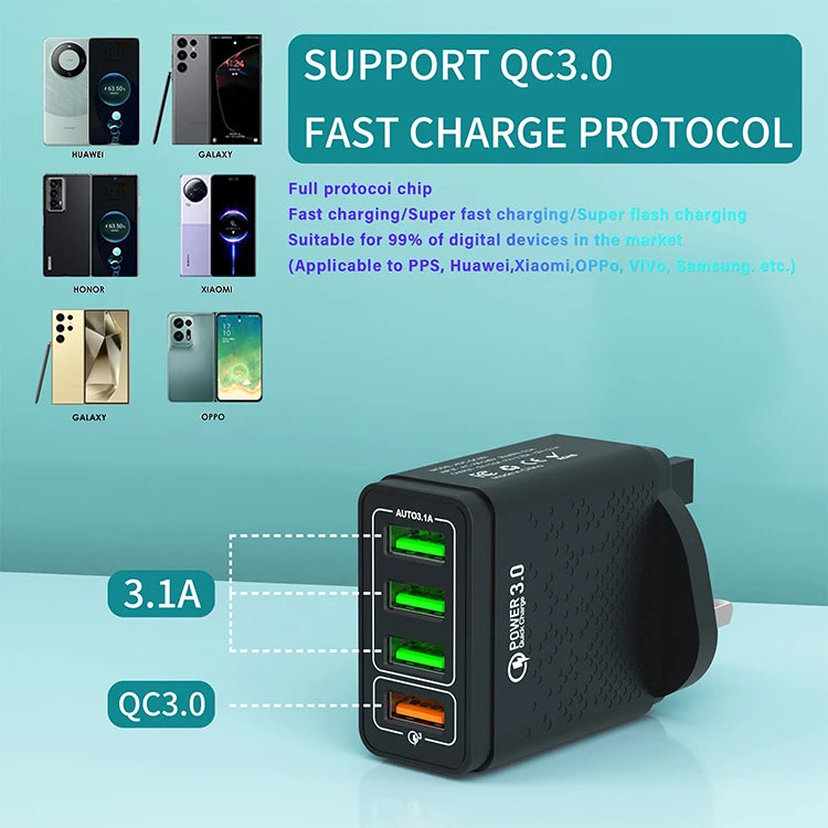 US/EU/UK 4 Port Mobile Phone USB Wall Charger Fast Charging Adapter 4 in 1 QC3.0 Fast Charger for IPhone Cell Phone