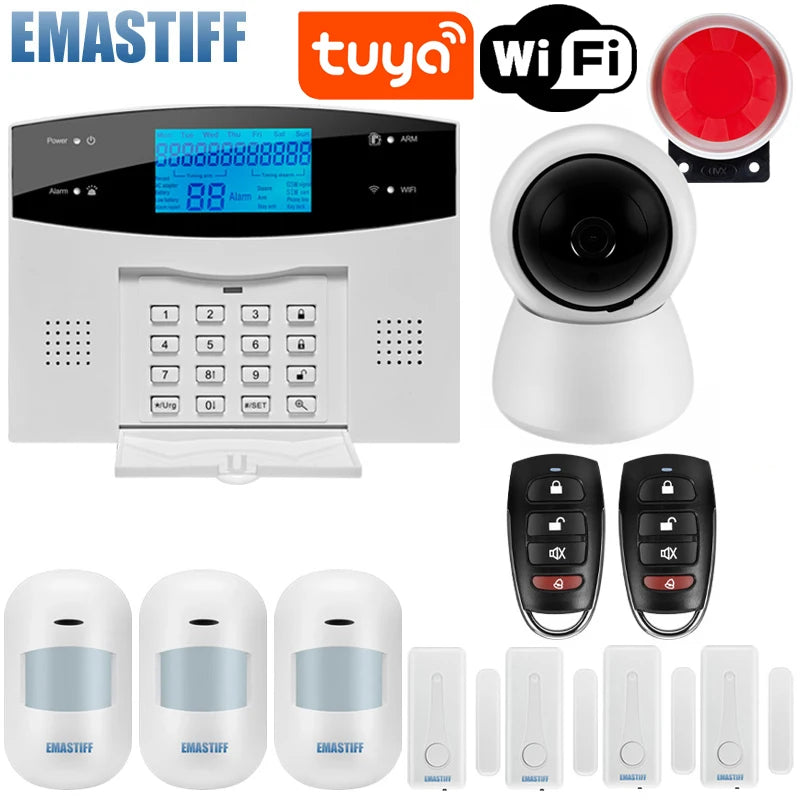 IOS Android APP Wired Wireless Home Security Tuya WIFI PSTN GSM Alarm System Intercom Remote Control Autodial Siren Sensor Kit