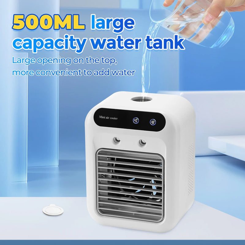 Portable Air Conditioner Mini Air Cooler USB Air Conditioning Fan Cold Air Humidifier Leafless Cooling Spray Fans for Bedroom