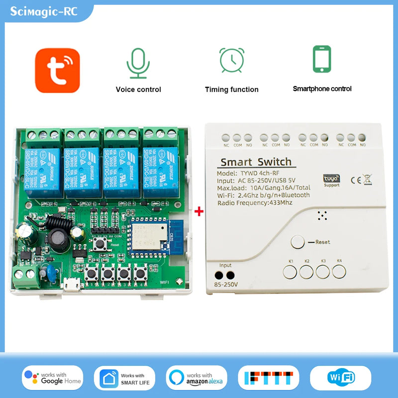 Wifi Smart Light Switch 4CH Mdule DC 5V 12V 24V RF 433 Receiver 10A Relays Work with Alexa Google Assistant Tuya Smart Life