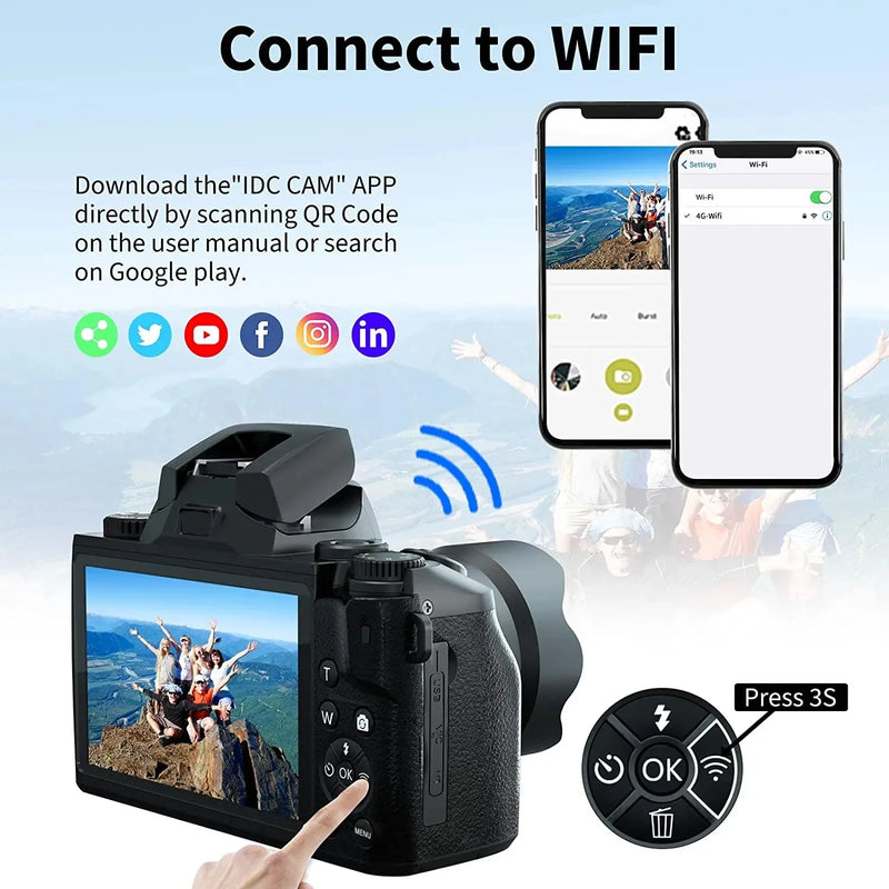 2024 16X Zoom 64MP DSLR HD WIFI Cameras 4.0 Touchscreen 4K Digital for Tiktok Photography Video Live Streaming Vlogging