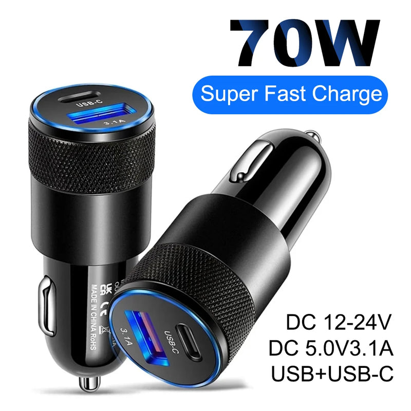 Car Usb Charger Mini 70W USB PD ABS  Aluminum Alloy Type C Fast Charging in Car USB-C Adapter For IPhone Samsung Huawei Xiaomi