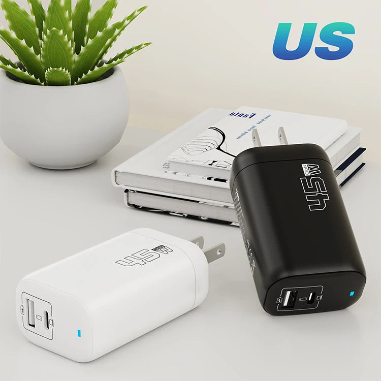 US/EU/UK A+C 2 Port Mobile Phone Charger Fast Charging Adapter GaN-45W USB Type C Cell Phone Fast Charger for Macbook