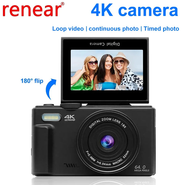 64MP Digital Camera for Photography and Video 4K Camera for YouTube with 3''Flip Screen 16X Digital Zoom Digital Camera for Gift