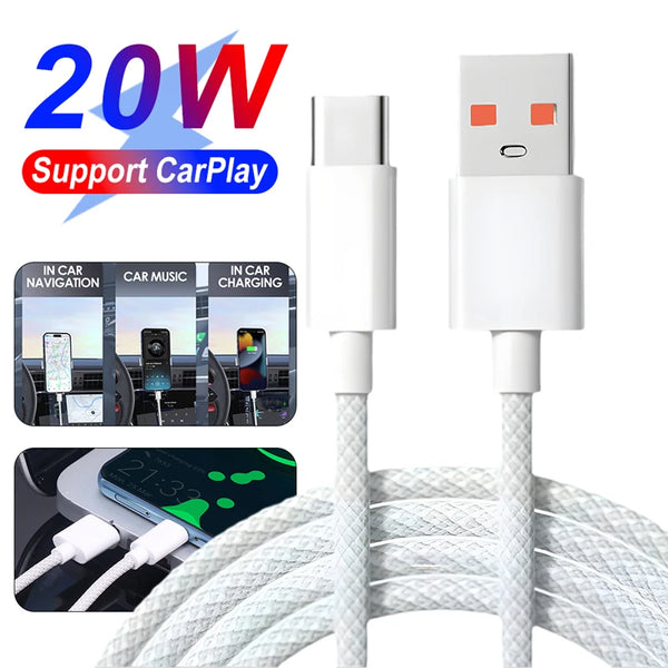 Type C Mobile Phone Cable Fast Charging USB A To Type C Nylon Braided Cord for Apple Carplay IPhone 15 Pro Max 15Plus Samsung