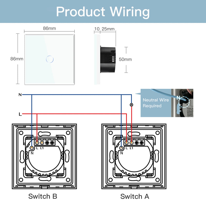 BSEED Tuya Wifi  Switches 1Gang 2 Way Smart Touch Switches Tuya Google Smart Life Alexa App Wireless Control Glass Panel2Pack