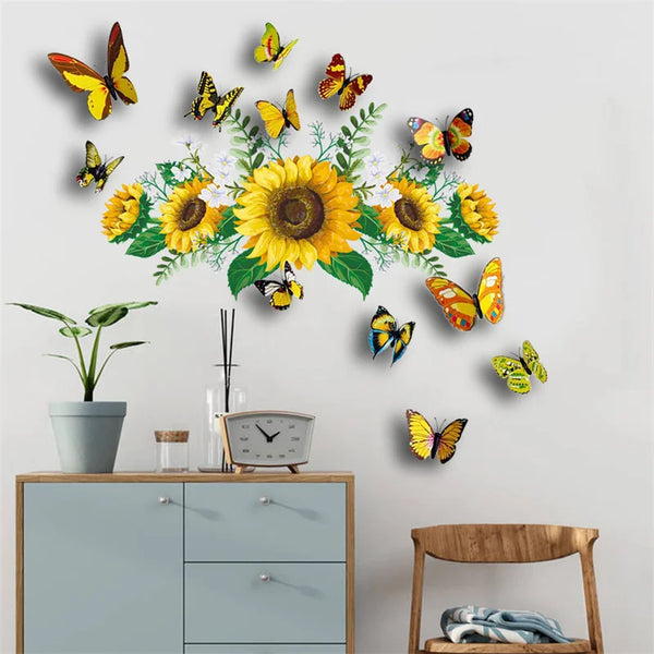 Sunflower Wall Sticker 3D Color Three Dimensional Butterfly Bedroom Home Decoration Wallpaper Background Decor Decals